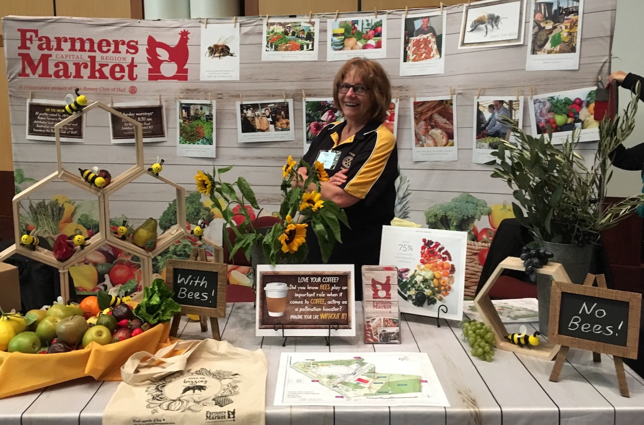 Yvonne from the Capital Region Farmers Market at the 'World Bee Day' display at Australian Parliament House along with a number of Embassies, ACT for Bees and the Capital Region Beekeepers.