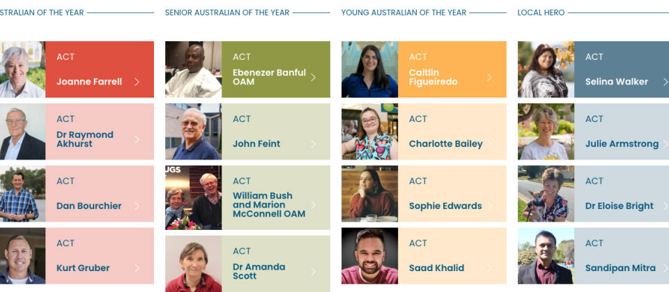 A screenshot from the Australian of the Year website showing 2024 ACT Local Hero nominees and winners, as well as Australian of the Year, Young Australian of the Year and Senior Australian of the Year.