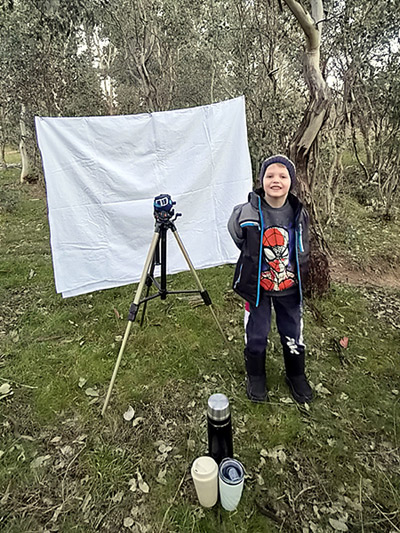 Young boy with a white sheet hung between two trees and a lamp on a stand aimed at the sheet doing a moth week citizen science experiment.