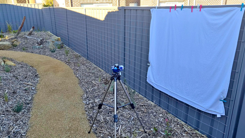 A white sheet hung  on a backyard fence with a lamp on a stand. A moth week citizen science experiment.